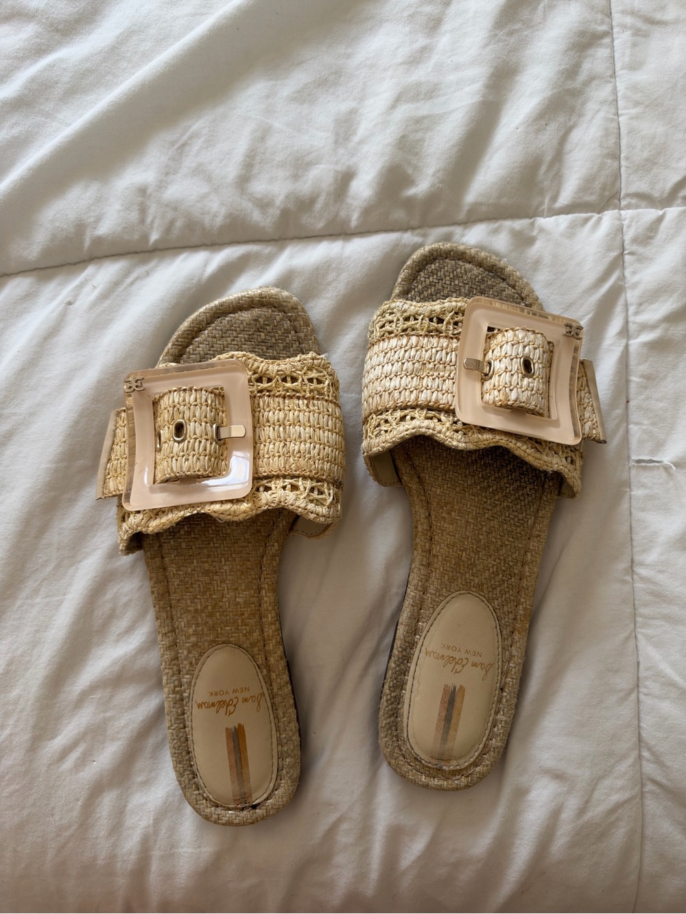 Sam Edelman Natural Woven Slide Sandals with Beige Buckle Accent